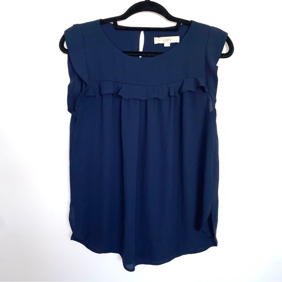 LOFT Tops - Loft Navy Blue Ruffled Sleeveless Blouse